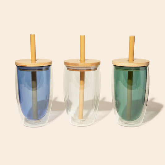 Double-Glass Cup With Bamboo Straw